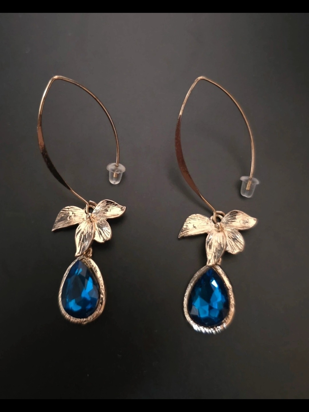 Gold Floral Drop Earrings with Blue Teardrop